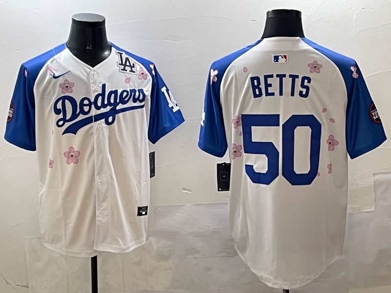 Men Los Angeles Dodgers #50 Betts White Blue Sakura Edition 2025 Nike MLB Jersey style 5->los angeles dodgers->MLB Jersey